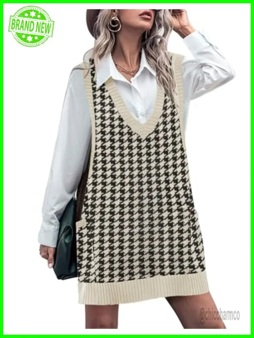 Oversized V-Neck Sleeveless Knit Sweater Vest Dress with Pockets